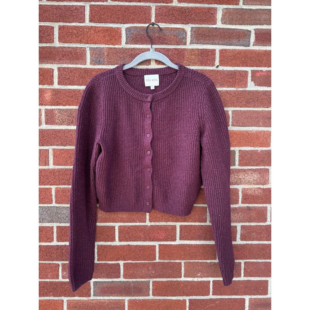 Pink Rose Womens Cropped Cardigan Sweater Size Small Purple Button Front Knit - Picture 2 of 8